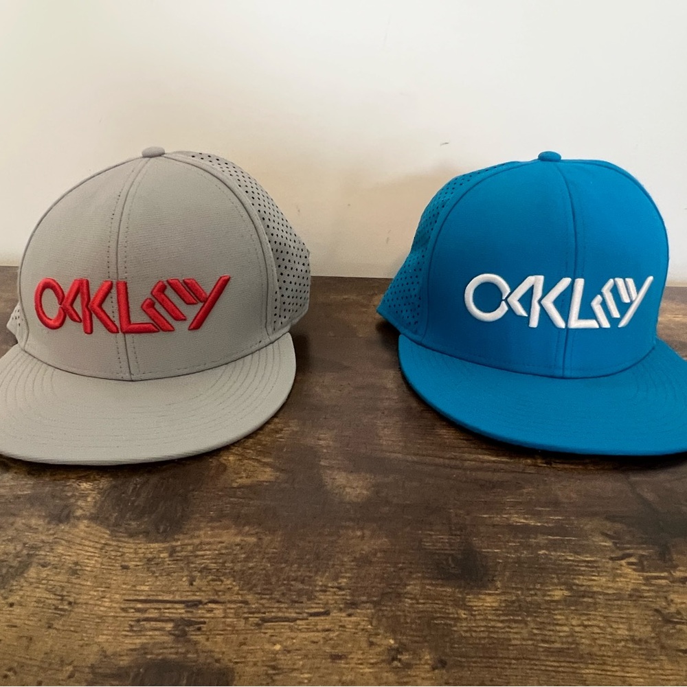 Oakley Gray and Blue Snapback Hats - sold as a pair